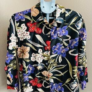 Chico's Black and Red Button Down Shirt Vibrant Floral Design
